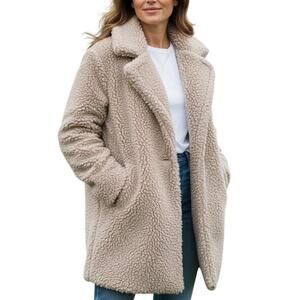 Cream Teddy Coat Oversized Faux Fur Jacket Large Cozy Winter